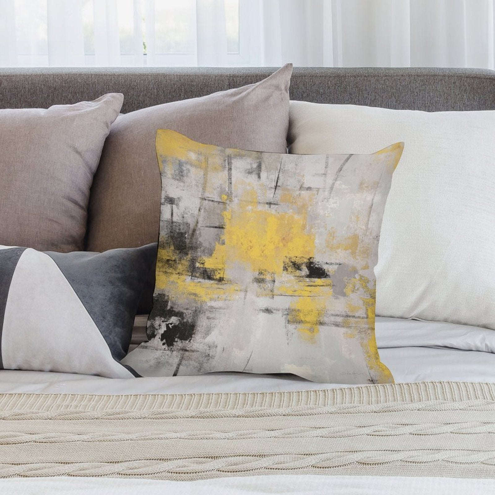Abstract art plush pillow cover in yellow, grey, and black for sofa. Decorative cushion.