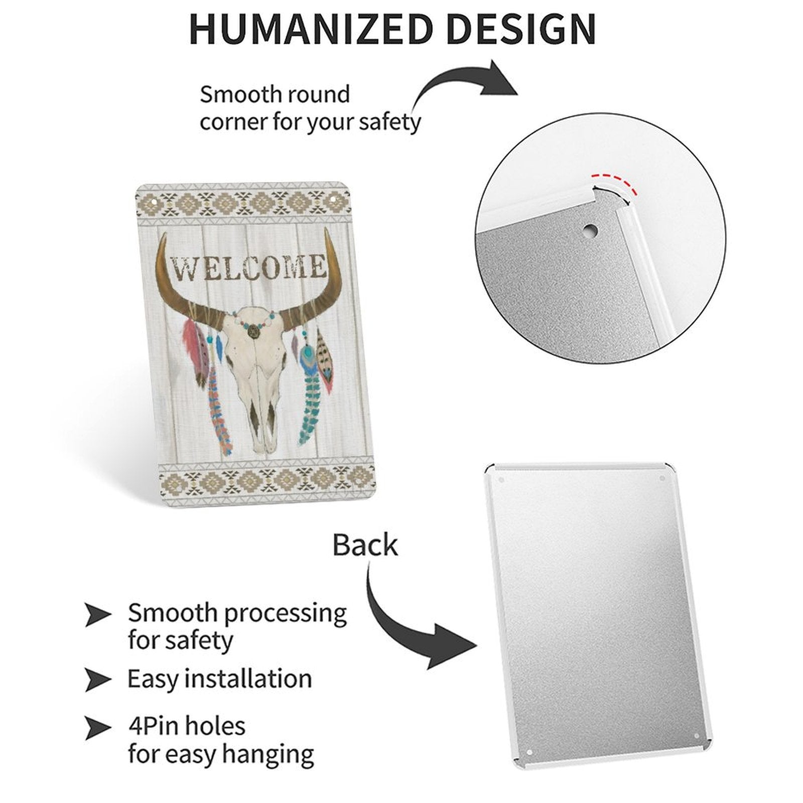 Metal tin sign with Bohemian WELCOME bull skull design, personalized iron painting, suitable for home decor, easy to install.