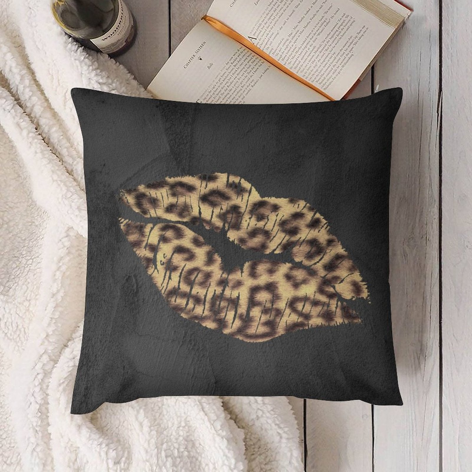Black plush throw pillow cover with leopard print lips design, soft, fluffy decorative pillow.