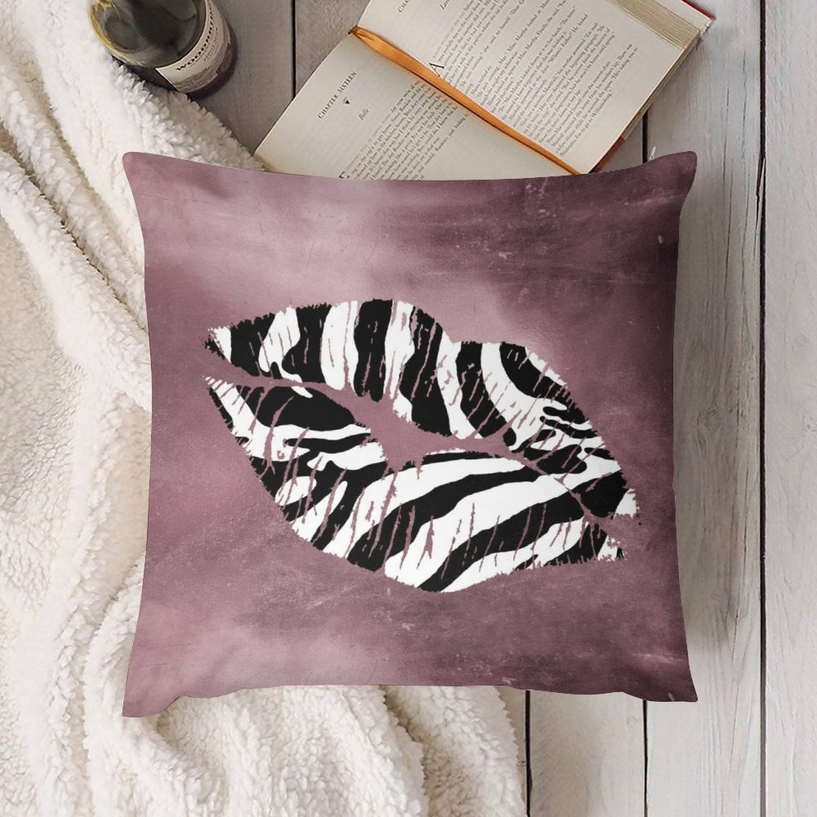 Mauve decorative plush pillow cover with zebra lips design; soft and fluffy, perfect for sofa, couch, and living room