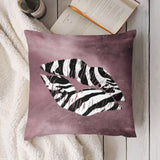 Mauve decorative plush pillow cover with zebra lips design; soft and fluffy, perfect for sofa, couch, and living room