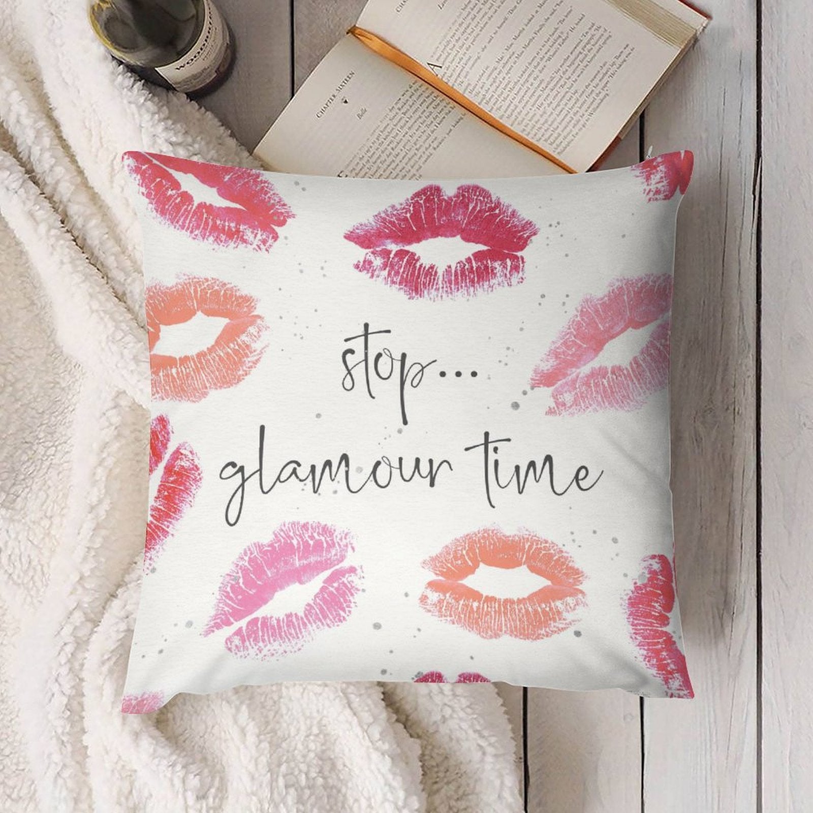 Plush pillow cover with lip print design, "stop glamour time" text, for sofa and living room decor