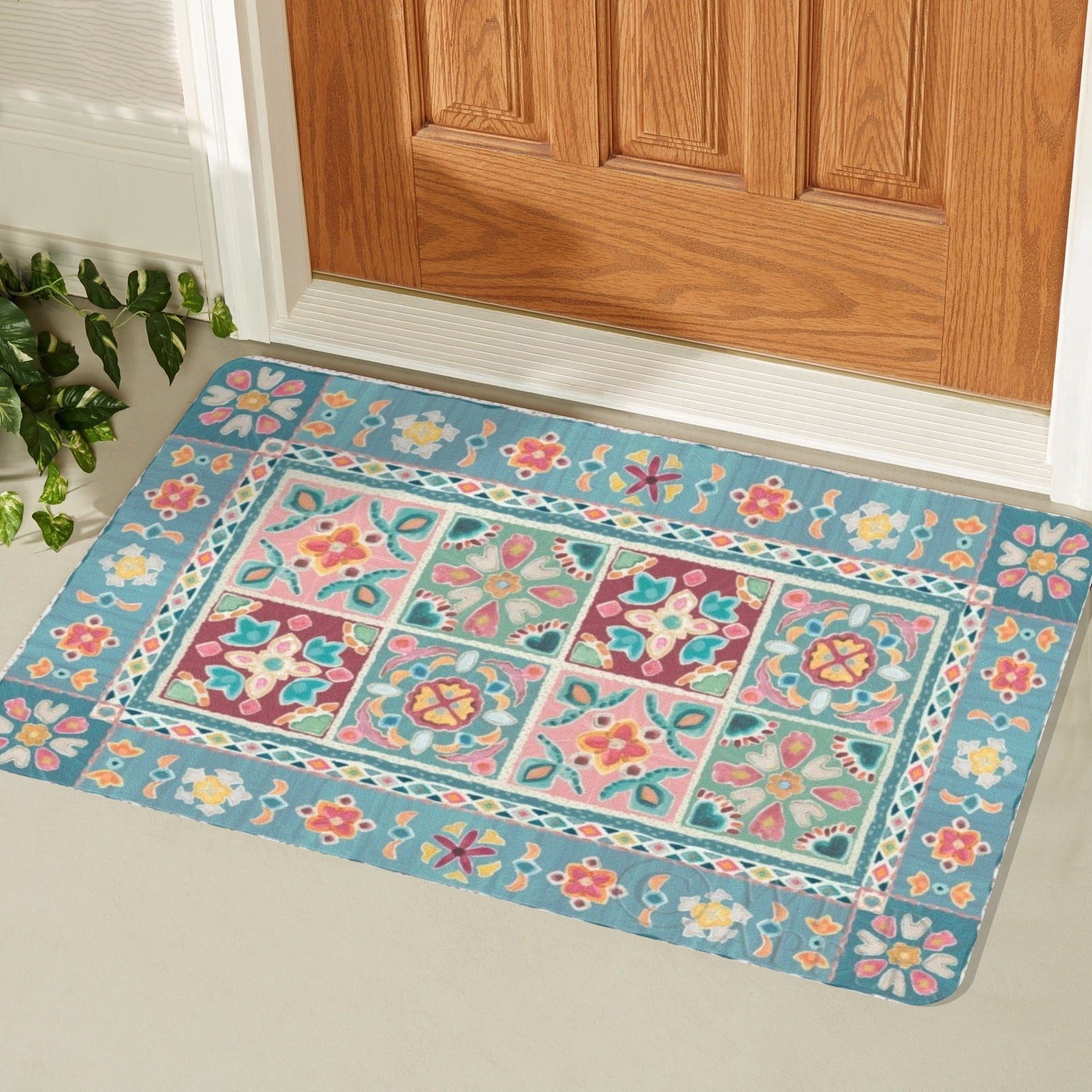 Floral door mat, teal, pink, yellow, and green colors, entrance door decoration
