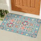 Floral door mat, teal, pink, yellow, and green colors, entrance door decoration