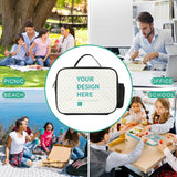 Customizable lunch bag, perfect for office, school, picnic, and beach. Featuring "Your Design Here" text and a heart pattern.