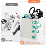 Personalized desk organizer pen holder, showing before and after tidy desk with office supplies.