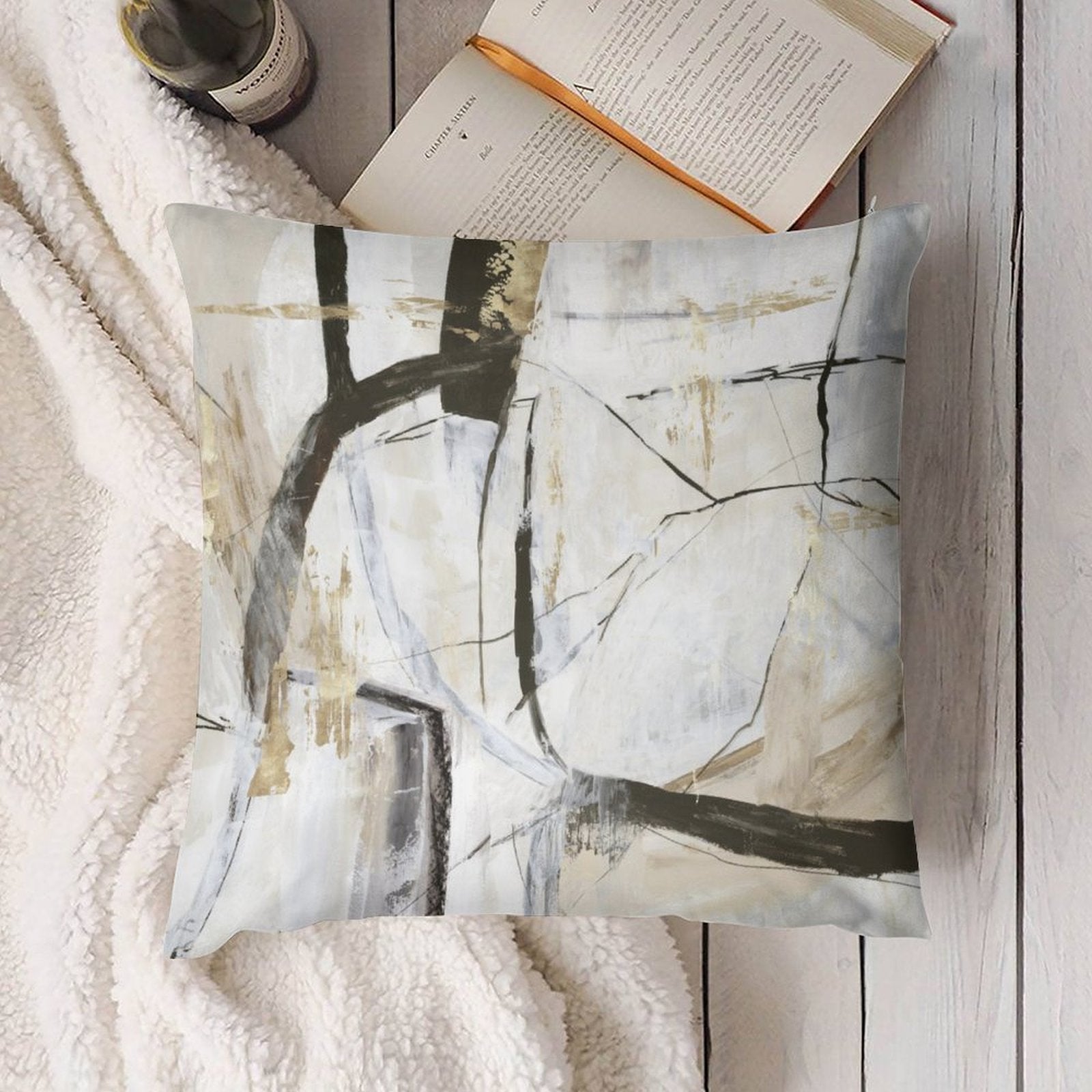 Abstract art throw pillow cover, neutral tones, luxury home decor from MyArtsyGift, soft and fluffy.