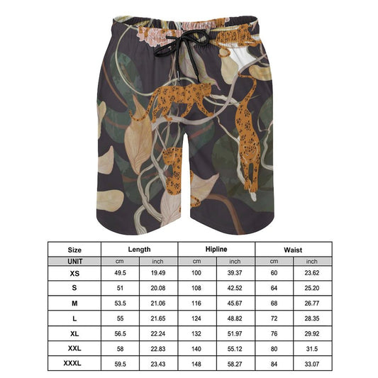 Men's Hawaiian swim trunks with leopard print design, size chart included, quick-dry fabric