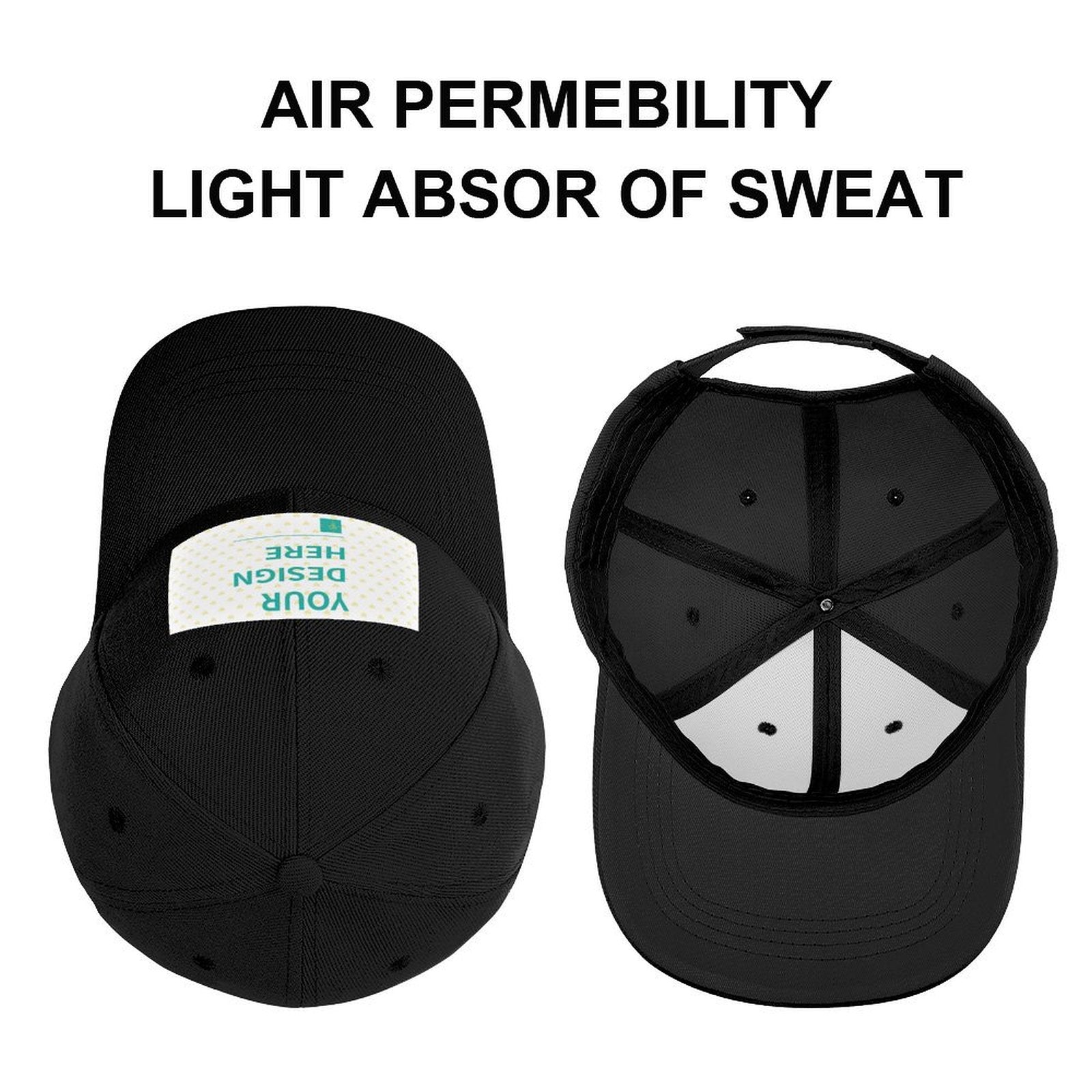 Customizable black baseball cap, personalized with your design, featuring air permeability and light sweat absorption
