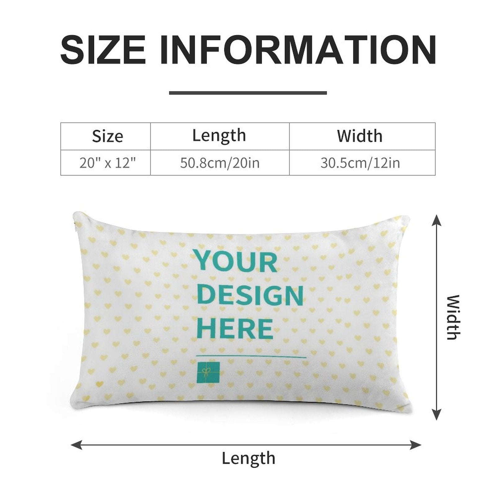 Custom Super Soft Throw Pillow Case, personalized for living room, 20x12 inches, with 'YOUR DESIGN HERE' text.