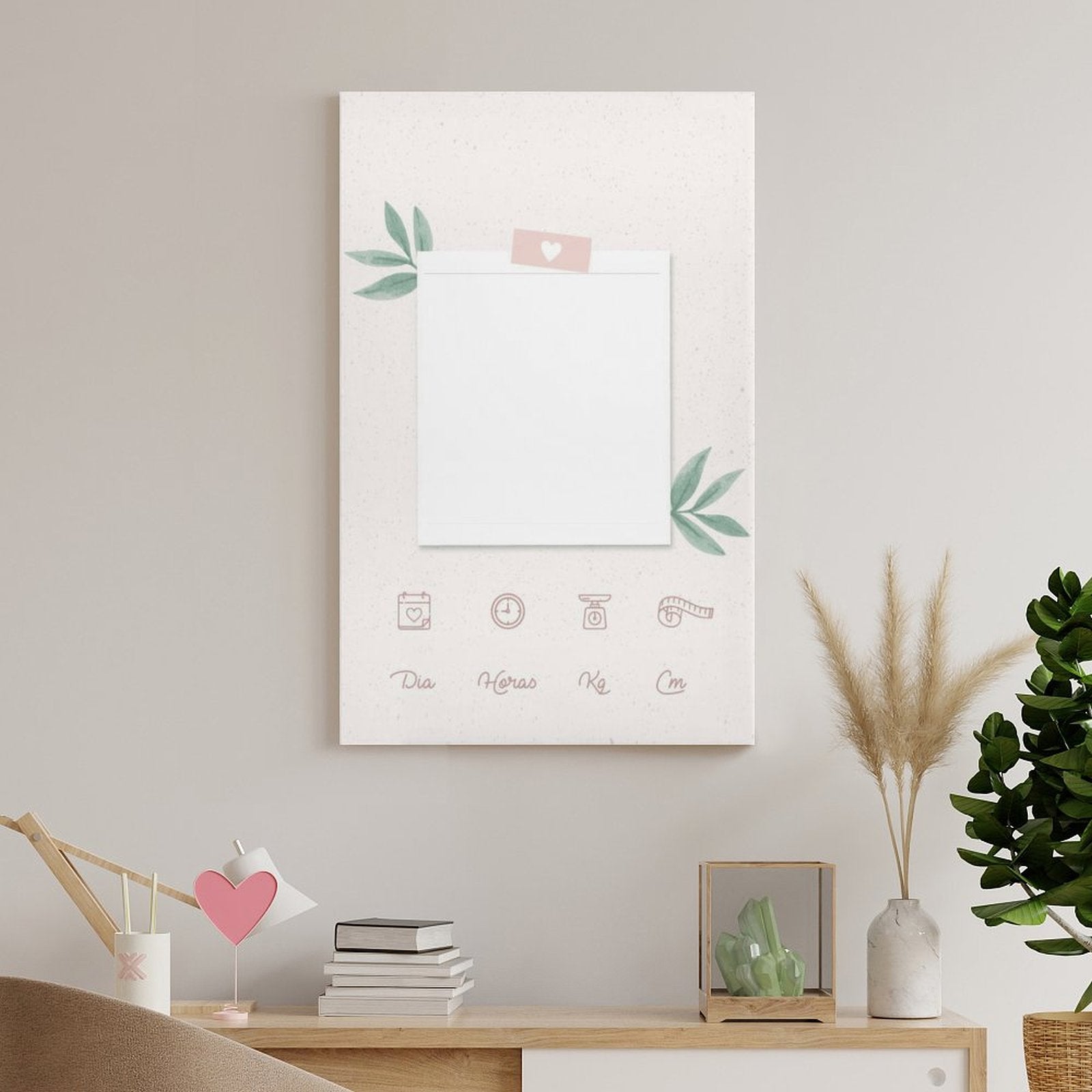 Customizable wall art journal with daily tracking options (Dia, Horas, Kg, Cm), perfect for note-taking