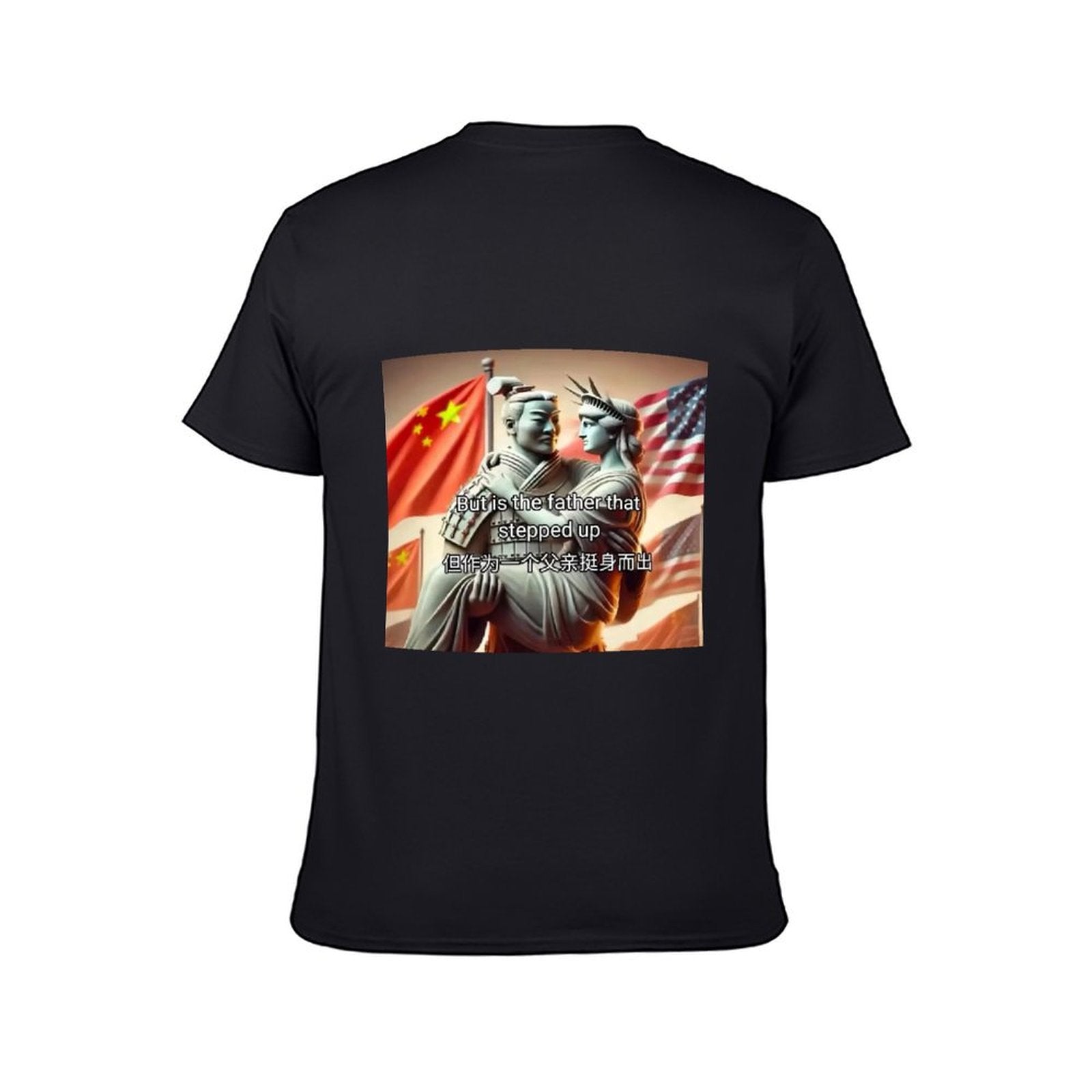 Black cotton unisex t-shirt with meme design of Statue of Liberty and Chinese soldier, Rednote meme for men and women.