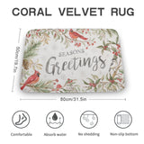 Coral velvet bath rug, Seasons Greetings design with cardinal birds, non-slip, absorbent