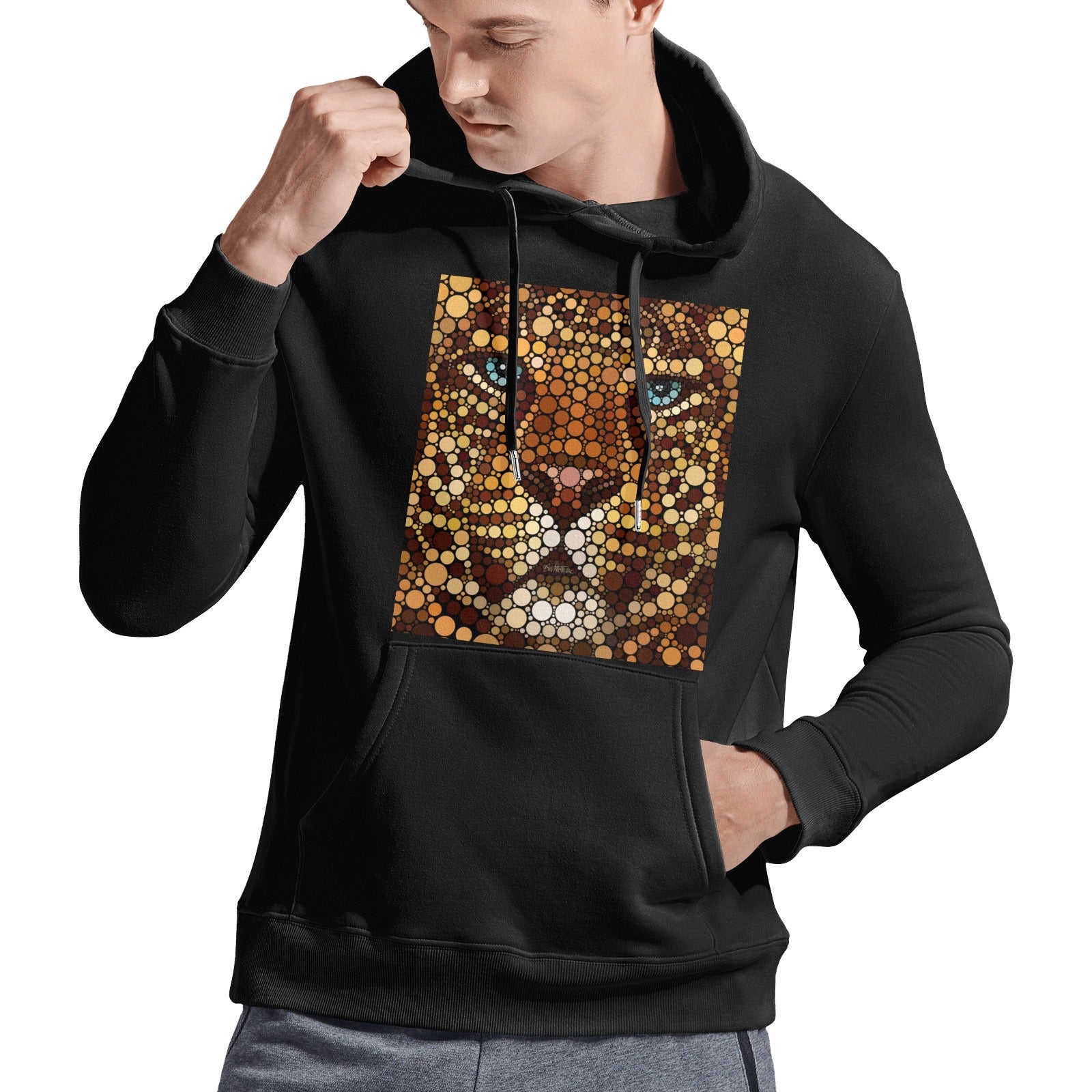 Leopard mosaic design on a black Gildan men's hooded sweatshirt, perfect for unique art gifts.