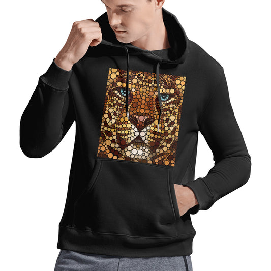 Leopard mosaic design on a black Gildan men's hooded sweatshirt, perfect for unique art gifts.