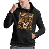 Leopard mosaic design on a black Gildan men's hooded sweatshirt, perfect for unique art gifts.