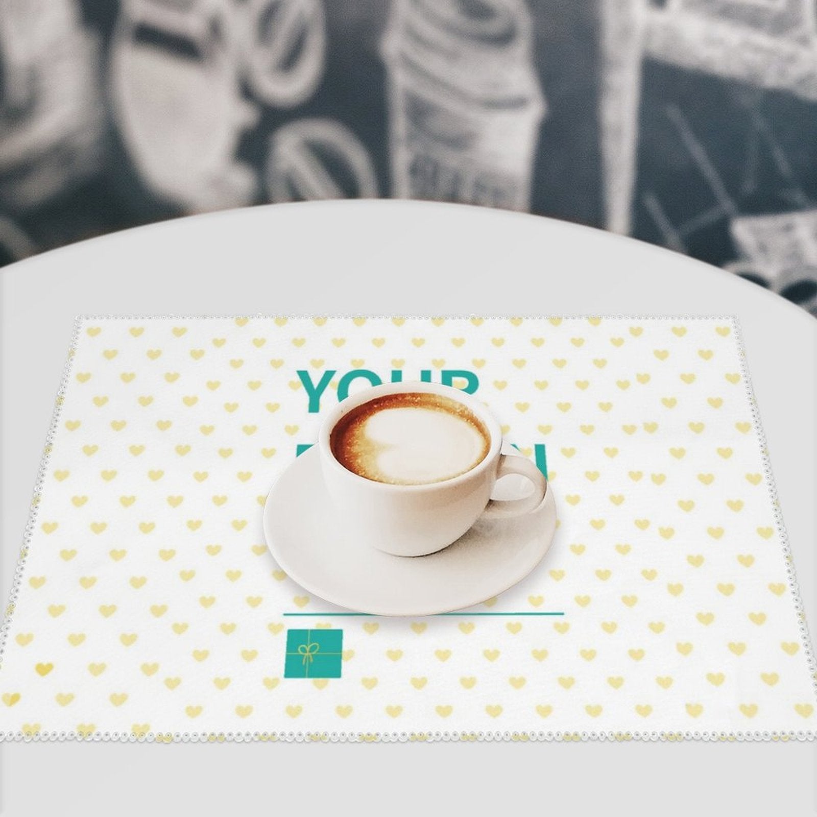 Customizable heart placemat with coffee cup. Personalized dining table decor.