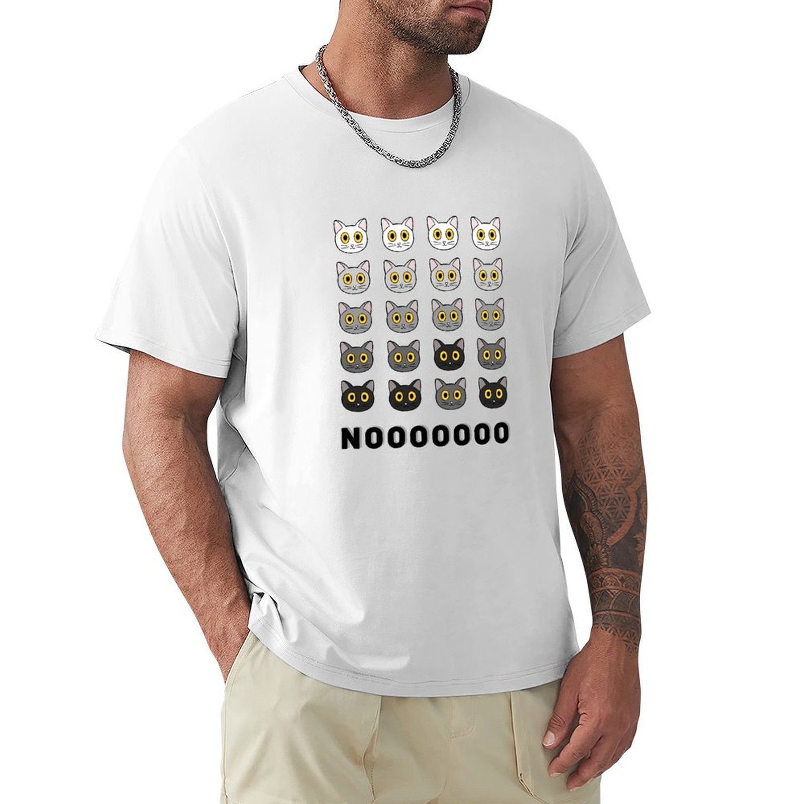 MyArtsyGift Men's white t-shirt with repeating cat faces and NOOOOOOOO text print.