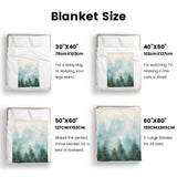 Misty Forest Flannel Blanket sizes: 30x40, 40x50, 50x60, and 60x80, with suggested uses. Cozy USA-made forest print blankets.