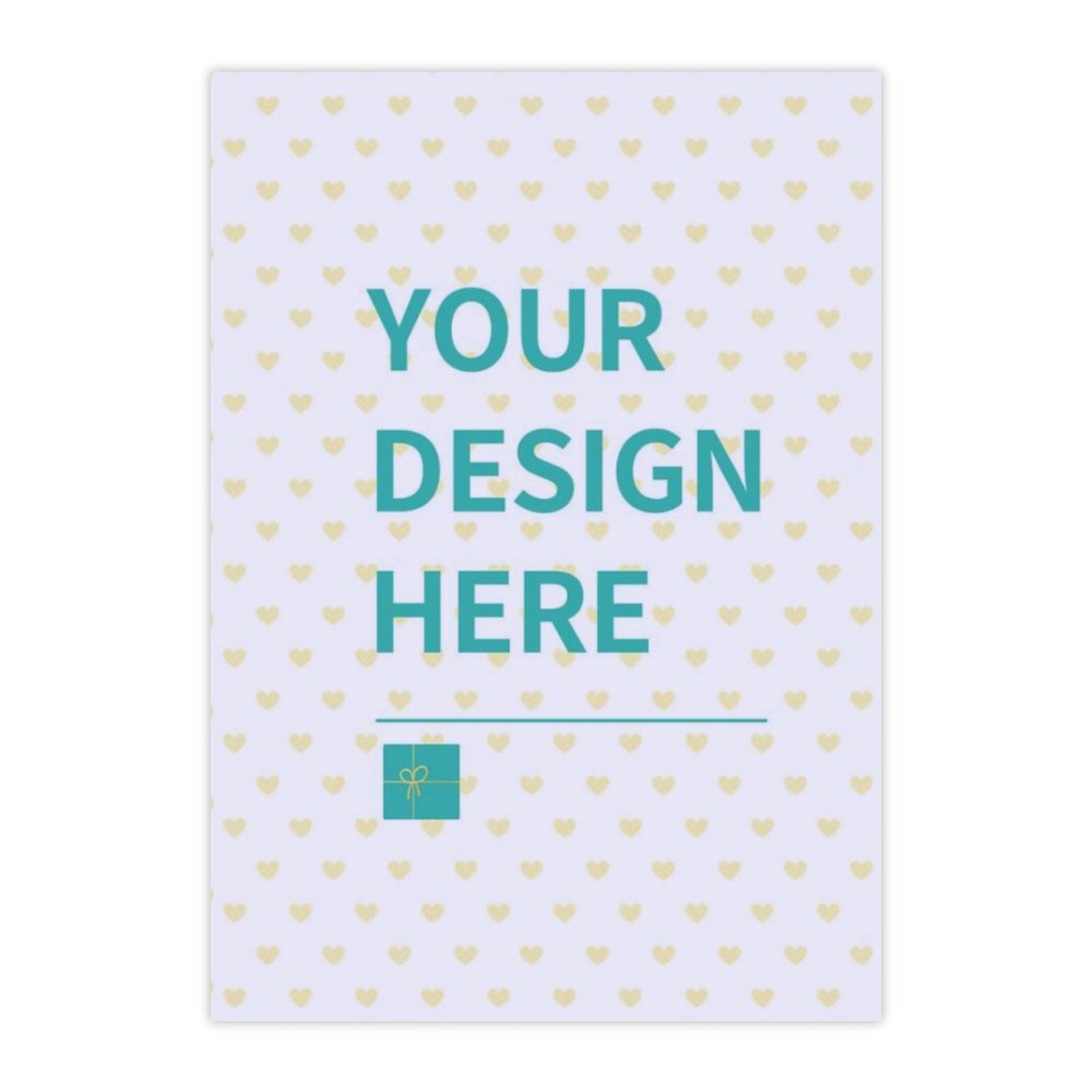 Customizable sticker mockup with teal text 'YOUR DESIGN HERE' and heart pattern, perfect for packaging, gifts, and parties.