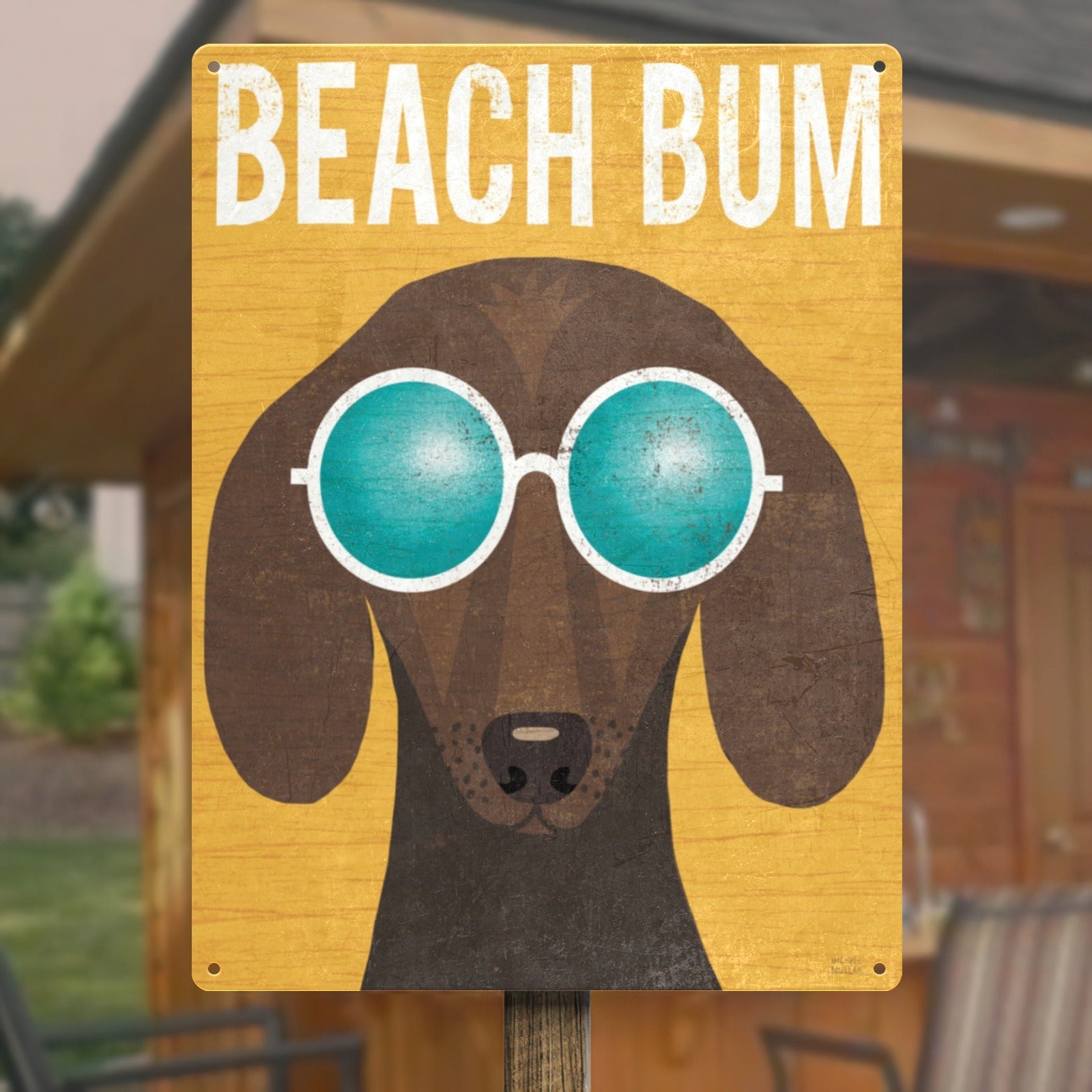 Beach Bum Dachshund Metal Sign. Funny dog wearing sunglasses, iron wall art for home decor.