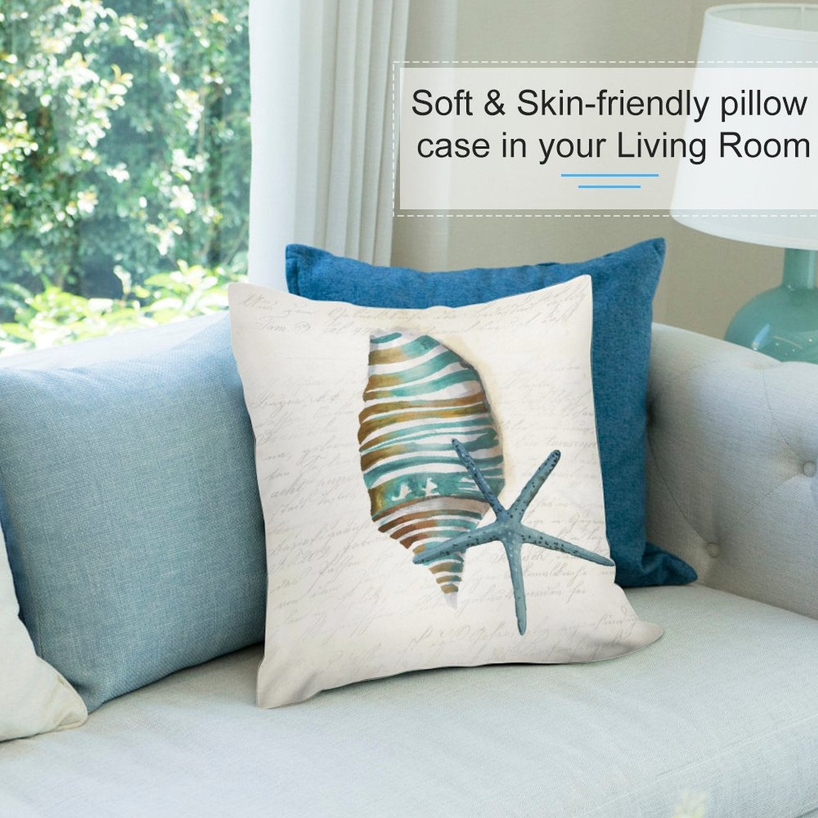 Soft, skin-friendly plush pillow cover with seashell and starfish design, perfect for sofa, couch, or living room