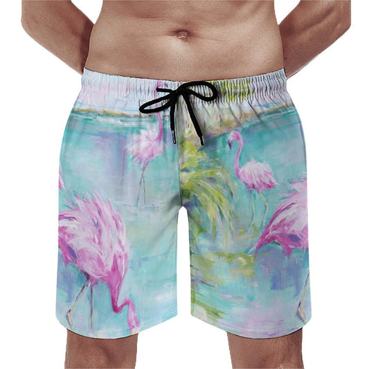 Men's flamingo swim trunks. Quick-dry beach board shorts with drawstring and mesh lining. Gift for boyfriend.