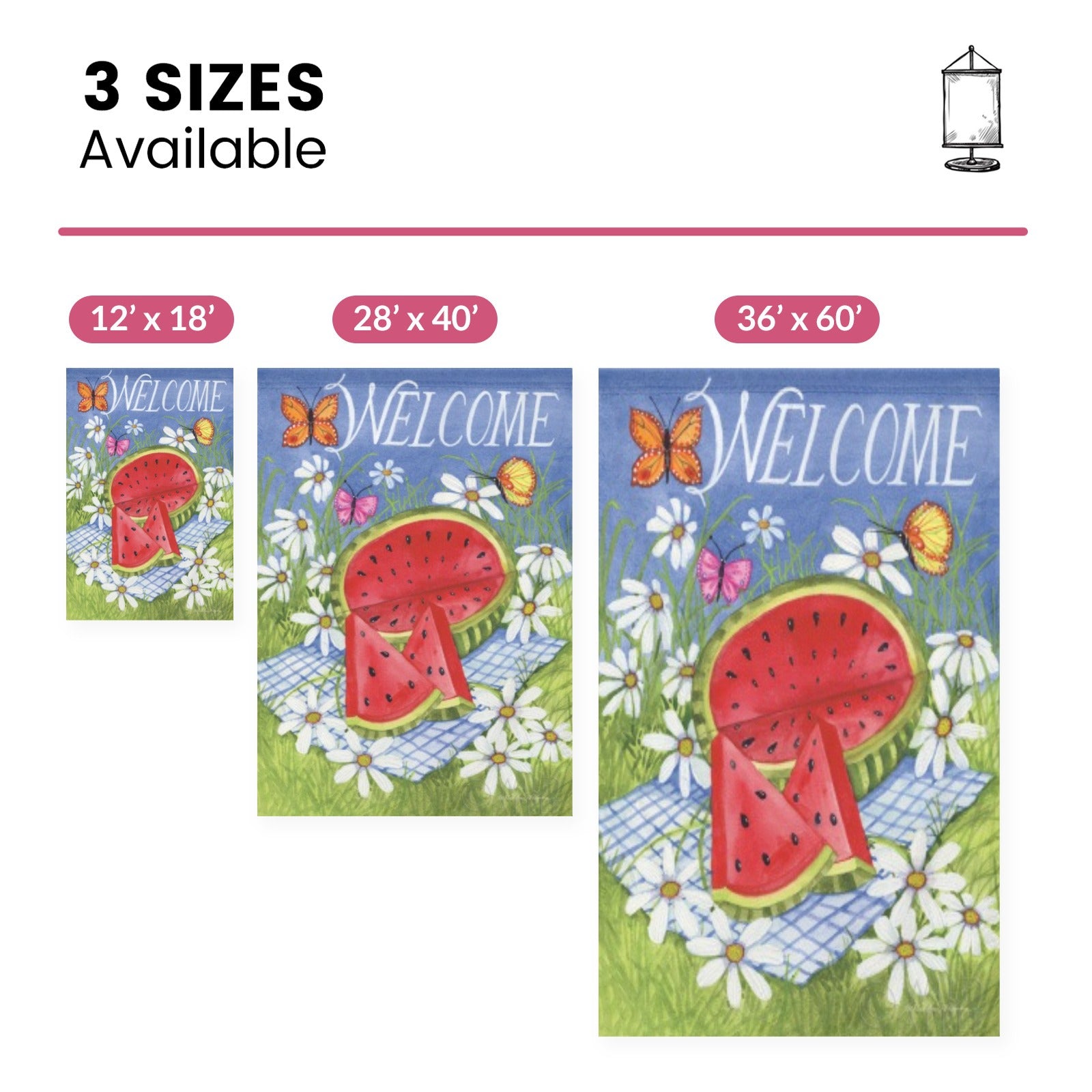 Summertime Welcome Garden Flag with watermelon, daisies, and butterflies, available in 3 sizes.