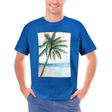 Men's blue cotton crew neck graphic t-shirt with palm tree art print, perfect for casual wear.
