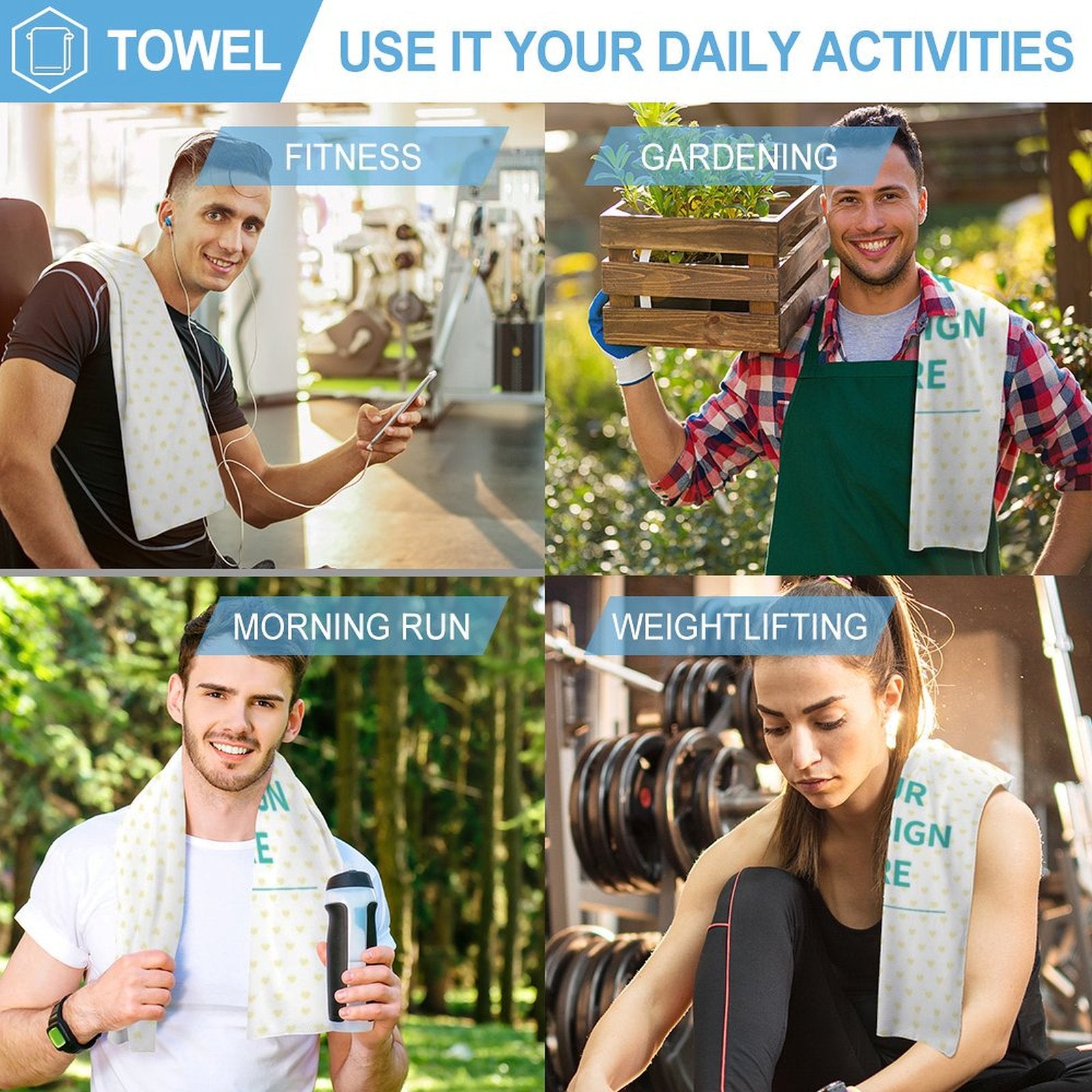 Quick-drying towel for fitness, gardening, and more. Features custom design and cooling fabric for daily activities.