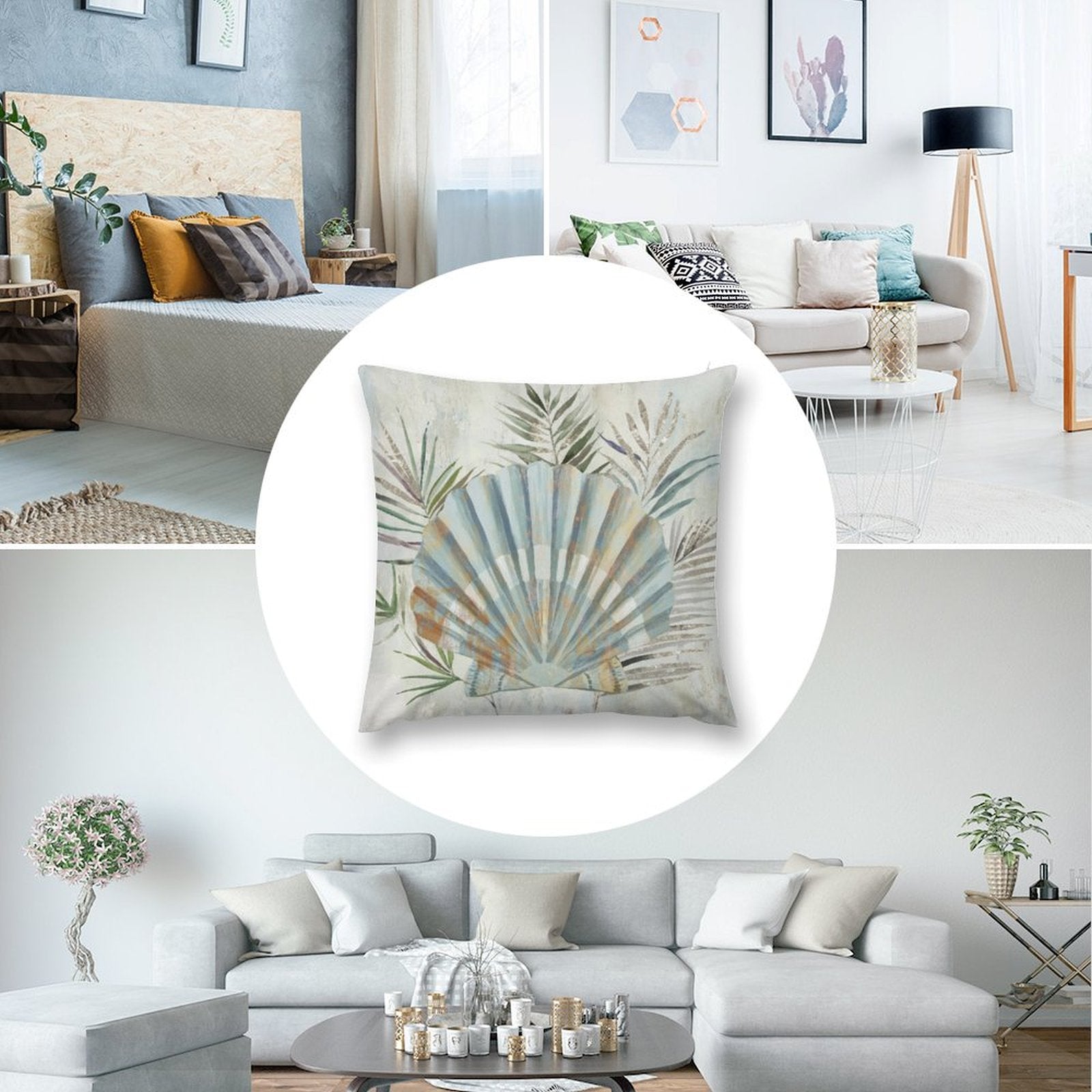 Soft plush seashell pillow cover. Ideal for sofa or couch decor. Decorative design suitable for living rooms and bedrooms.
