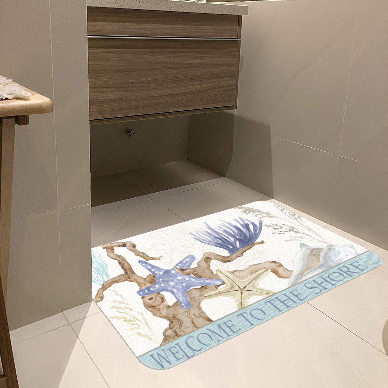 Welcome to the Shore doormat, rubber floor mat with beach design, starfish, for indoor or outdoor use