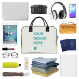 Personalized travel bag with heart pattern and travel essentials, for office or business travel.