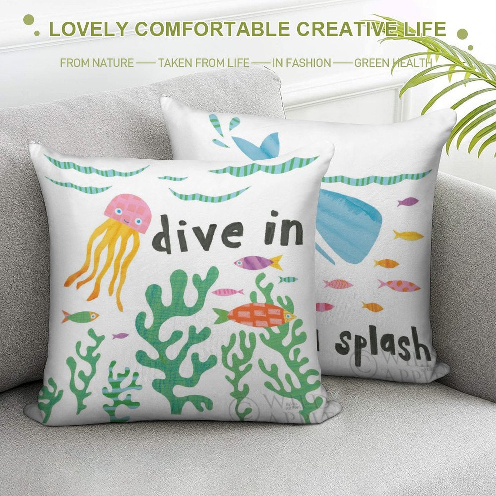 Ocean throw pillow set with jellyfish, whale, fish illustrations, 'dive in' and 'splash', perfect living room decor.