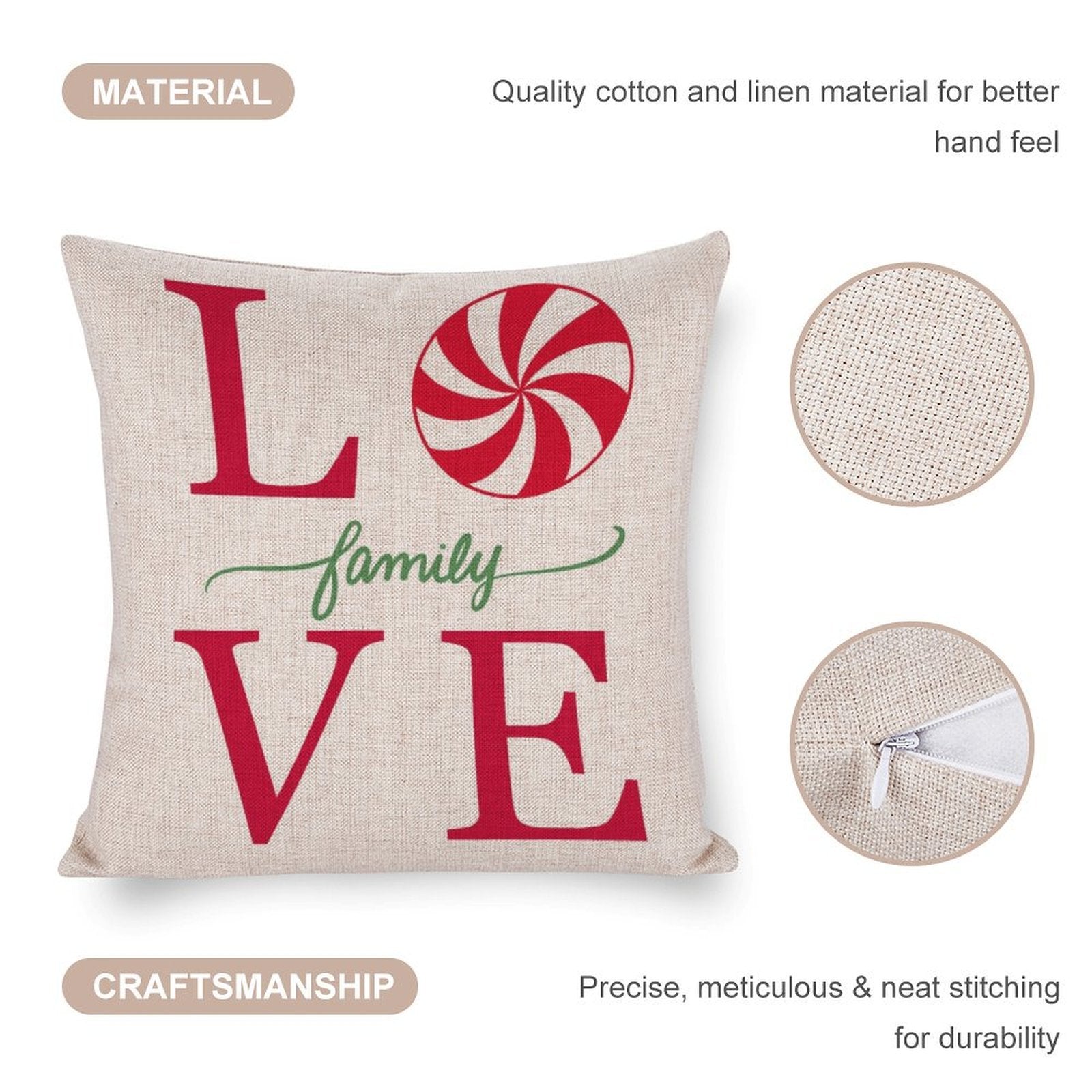 Christmas pillow cover with "LOVE family VE" text and candy cane design. Cotton linen material for home decor.