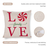 Christmas pillow cover with "LOVE family VE" text and candy cane design. Cotton linen material for home decor.