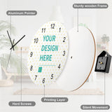 Personalized wooden clock with 'YOUR DESIGN HERE' design, silent movement, and custom features
