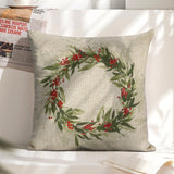 Linen Christmas pillow cover with wreath design and red berries; square cushion for sofa, couch, or bed.