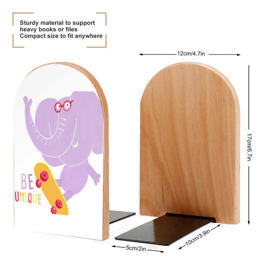 Wooden bookends with metal base, purple elephant graphic, 'BE UNIQUE', beech wood, modern design for office, school.