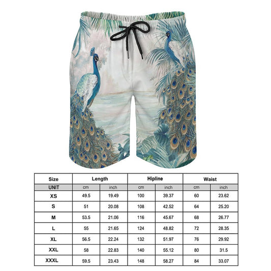 Peacock design men's swim trunks, quick-dry, drawstring waist, mesh lining. Beach gift.