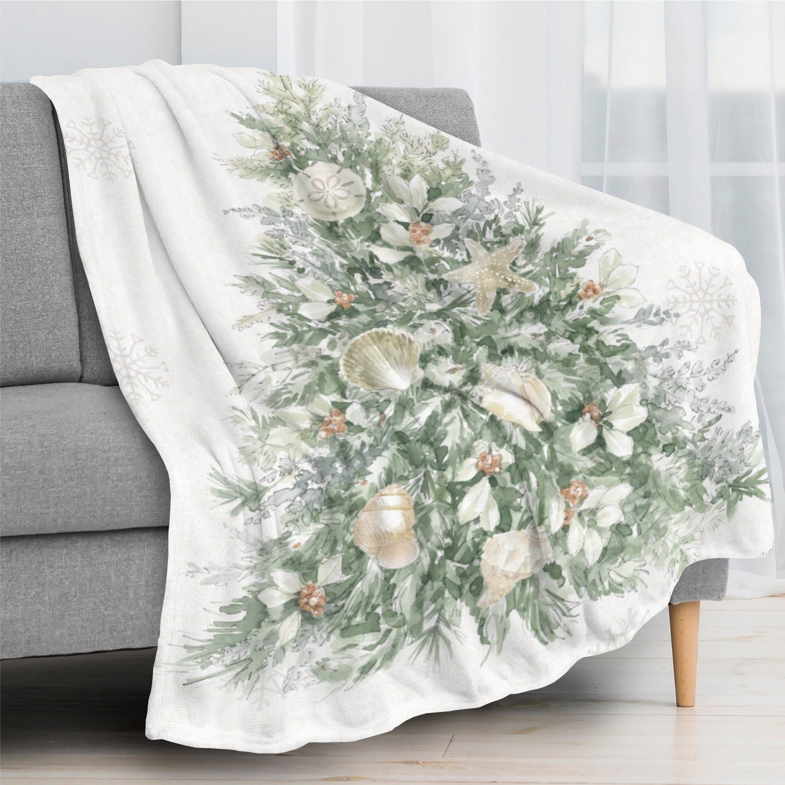 Winter Christmas Tree Flannel Blanket, watercolor design with seashells, sofa decor, USA made