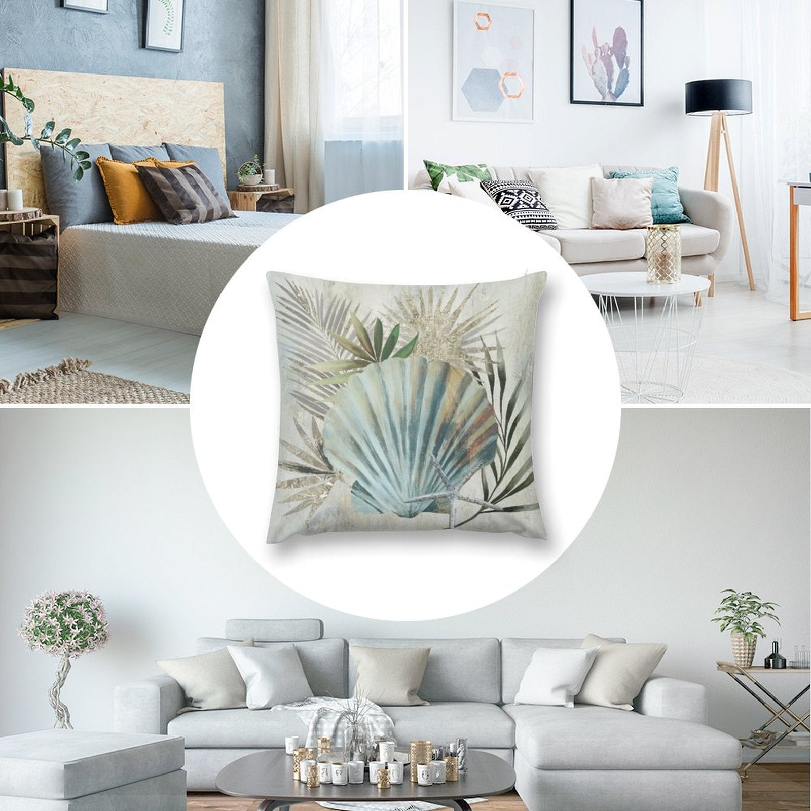 Luxury soft fluffy throw pillow cover with seashell and palm leaf design for sofa, couch, or living room.
