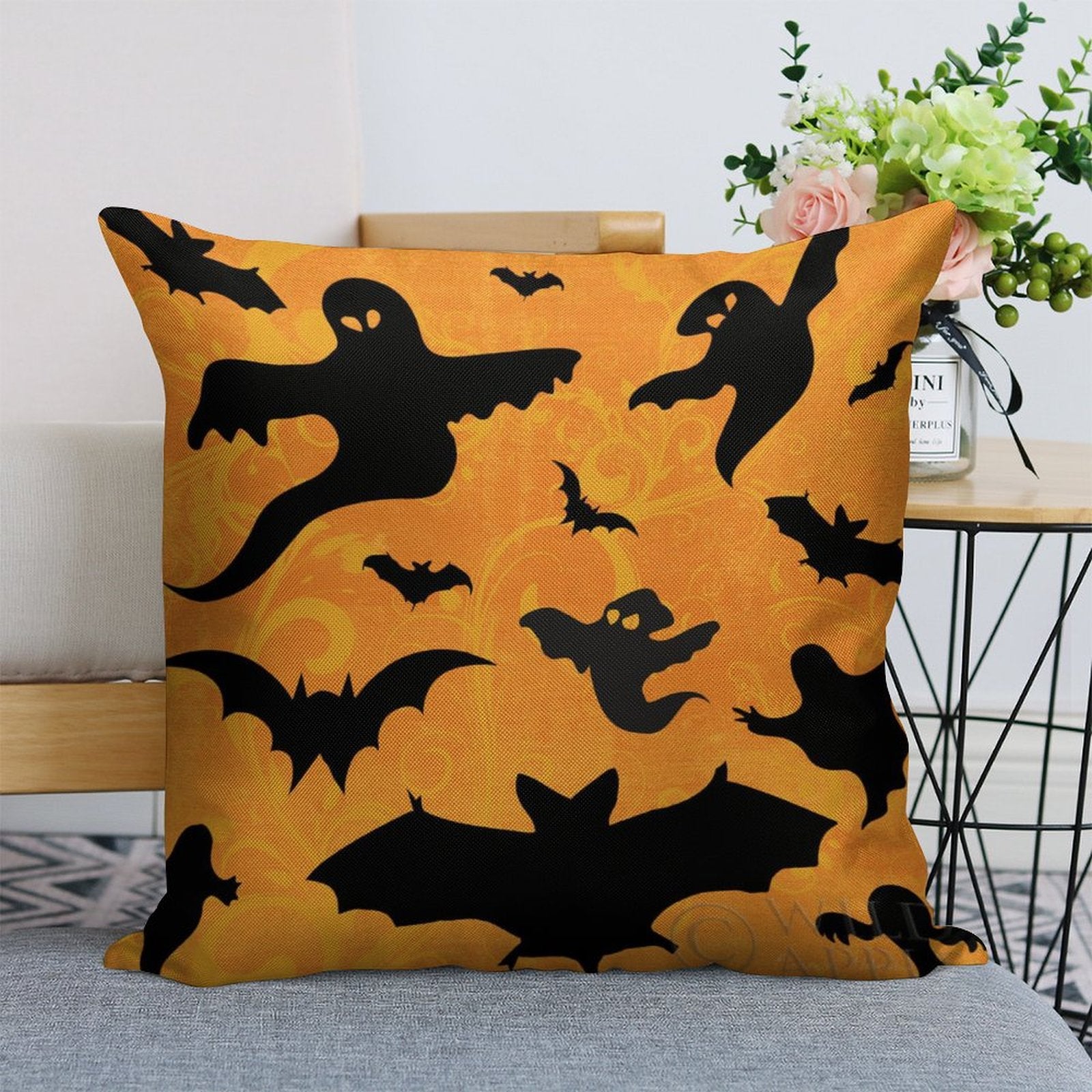 Halloween linen throw pillow case set of 2 with bats and ghosts design, perfect for living room decor