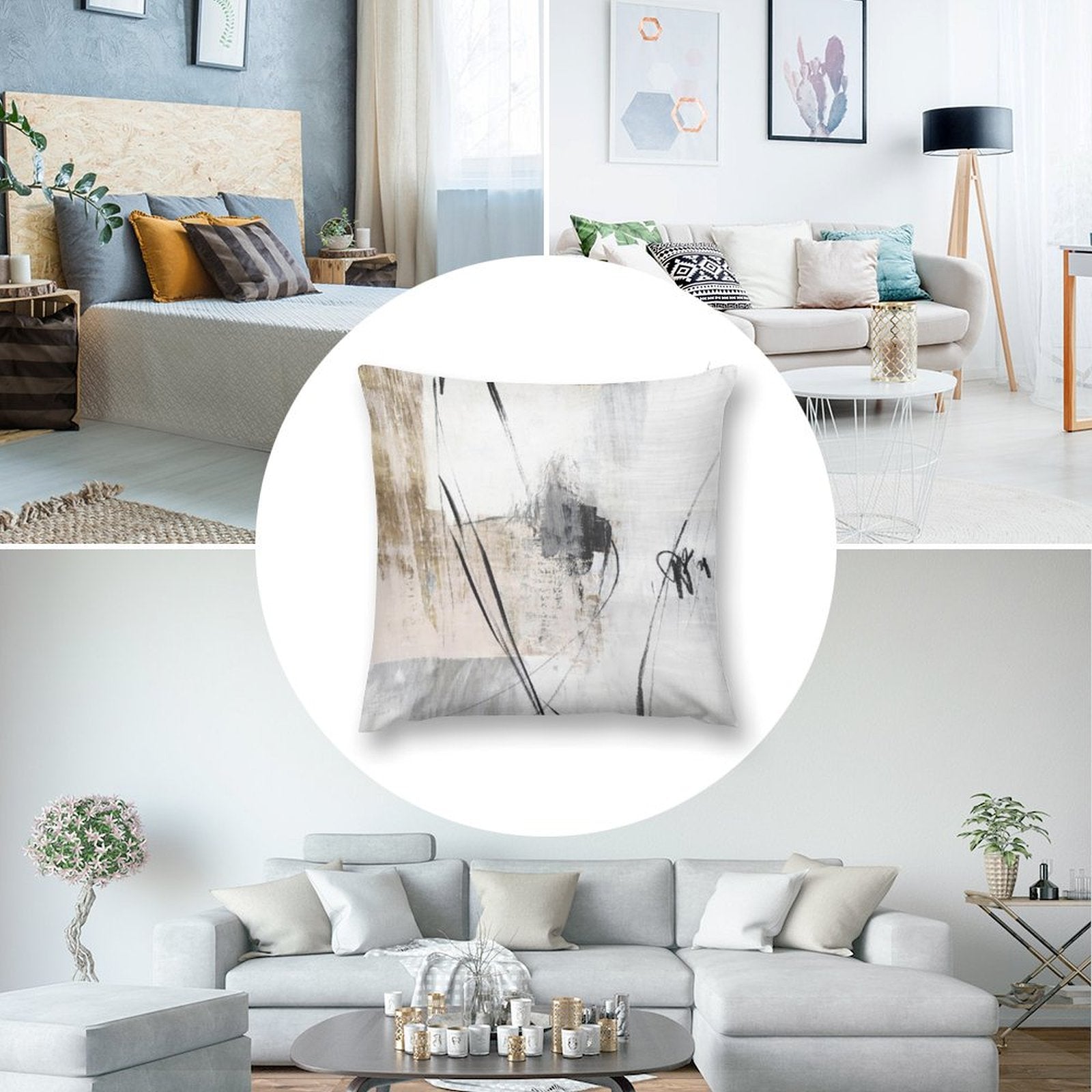 Abstract art plush pillow cover, modern design in living room. Soft and fluffy decorative pillow for sofa or bed.