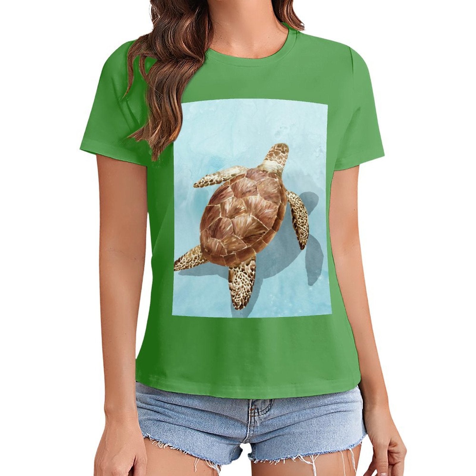 Green crewneck t-shirt with sea turtle graphic print, women's summer fashion, MyArtsyGift.com