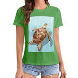 Green crewneck t-shirt with sea turtle graphic print, women's summer fashion, MyArtsyGift.com
