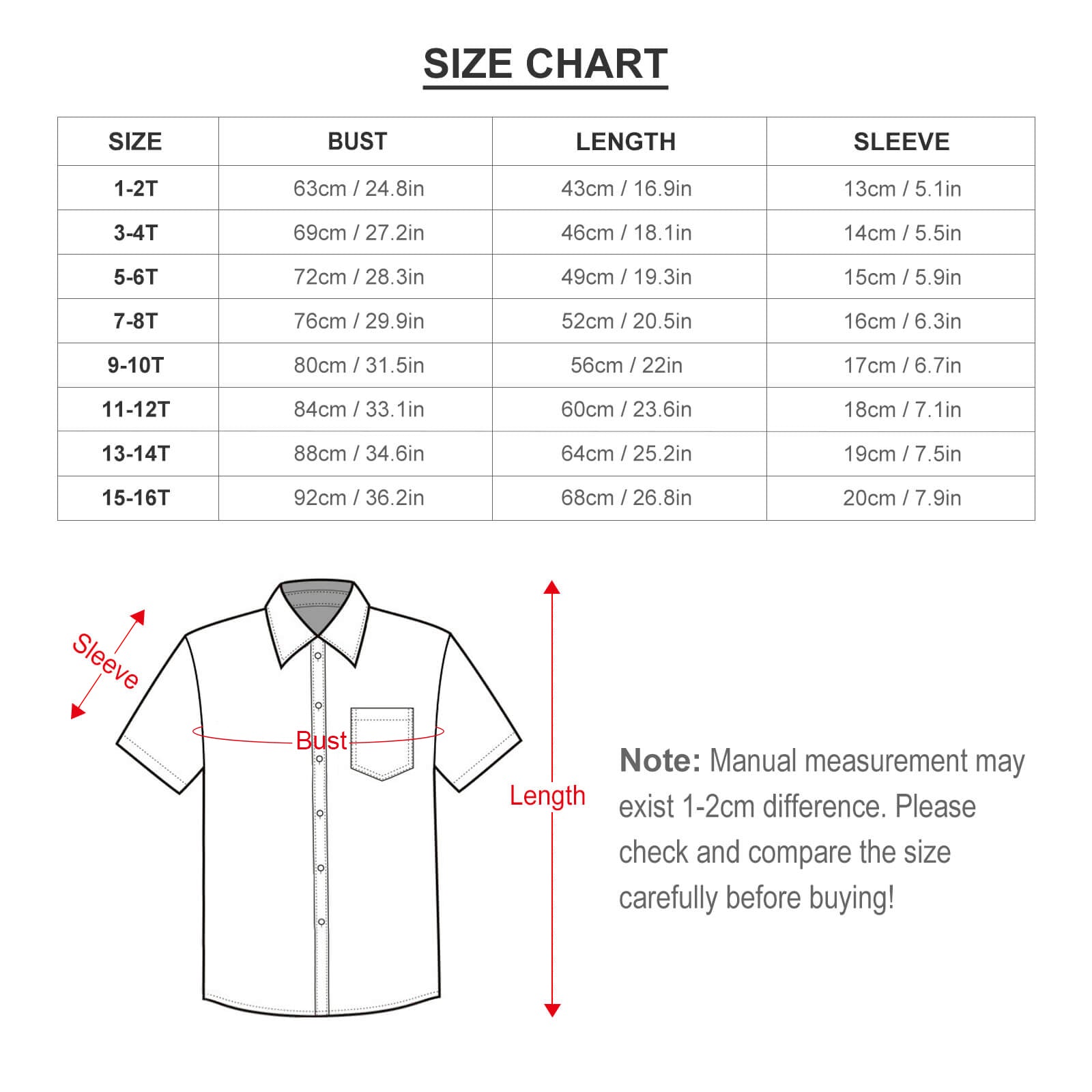 Children's polo shirt size chart with bust, length, sleeve measurements. Ideal for personalized kids clothing.