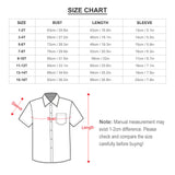 Children's polo shirt size chart with bust, length, sleeve measurements. Ideal for personalized kids clothing.