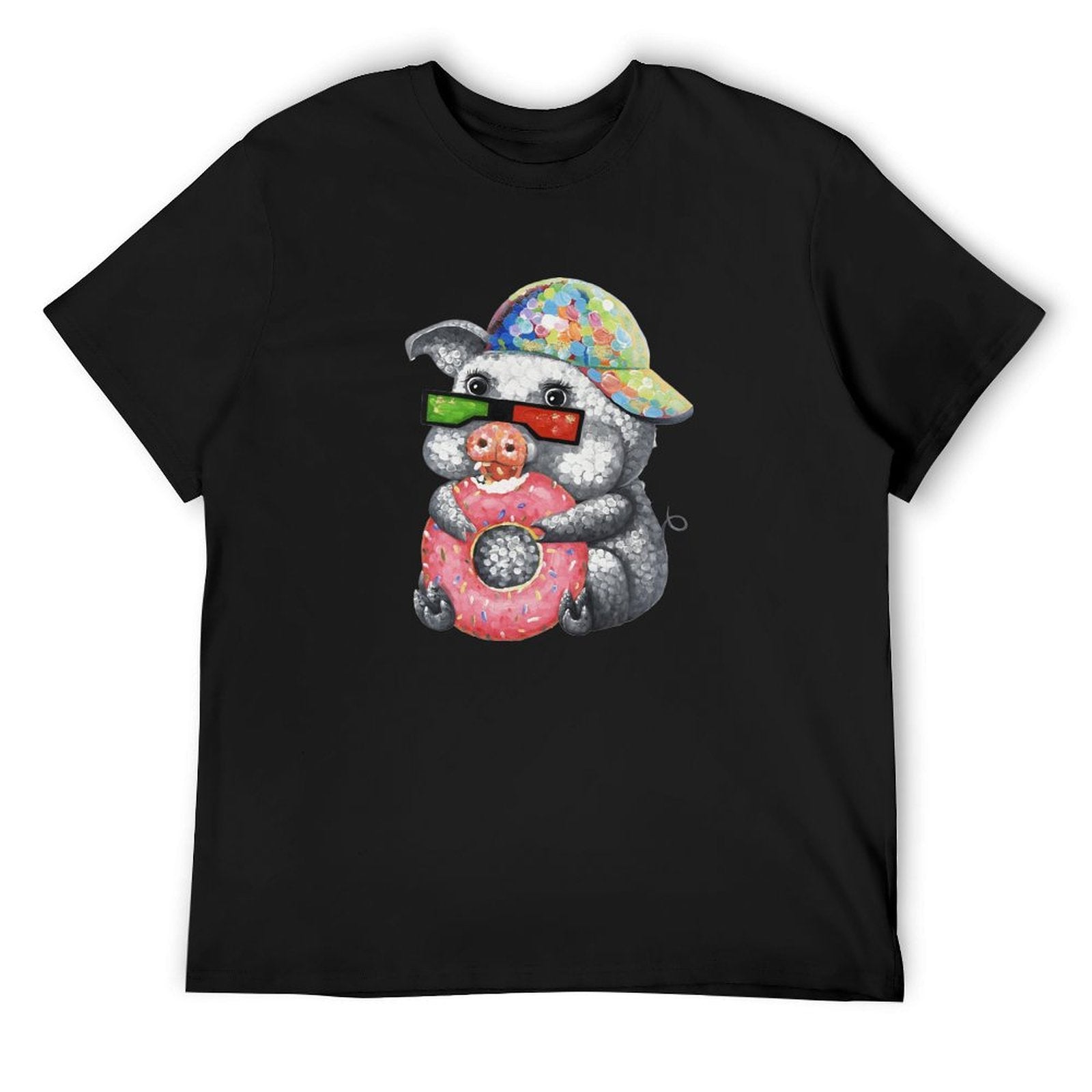 Black men's short sleeve t-shirt with a pig graphic wearing 3D glasses and a cap, holding a donut.