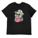 Black men's short sleeve t-shirt with a pig graphic wearing 3D glasses and a cap, holding a donut.